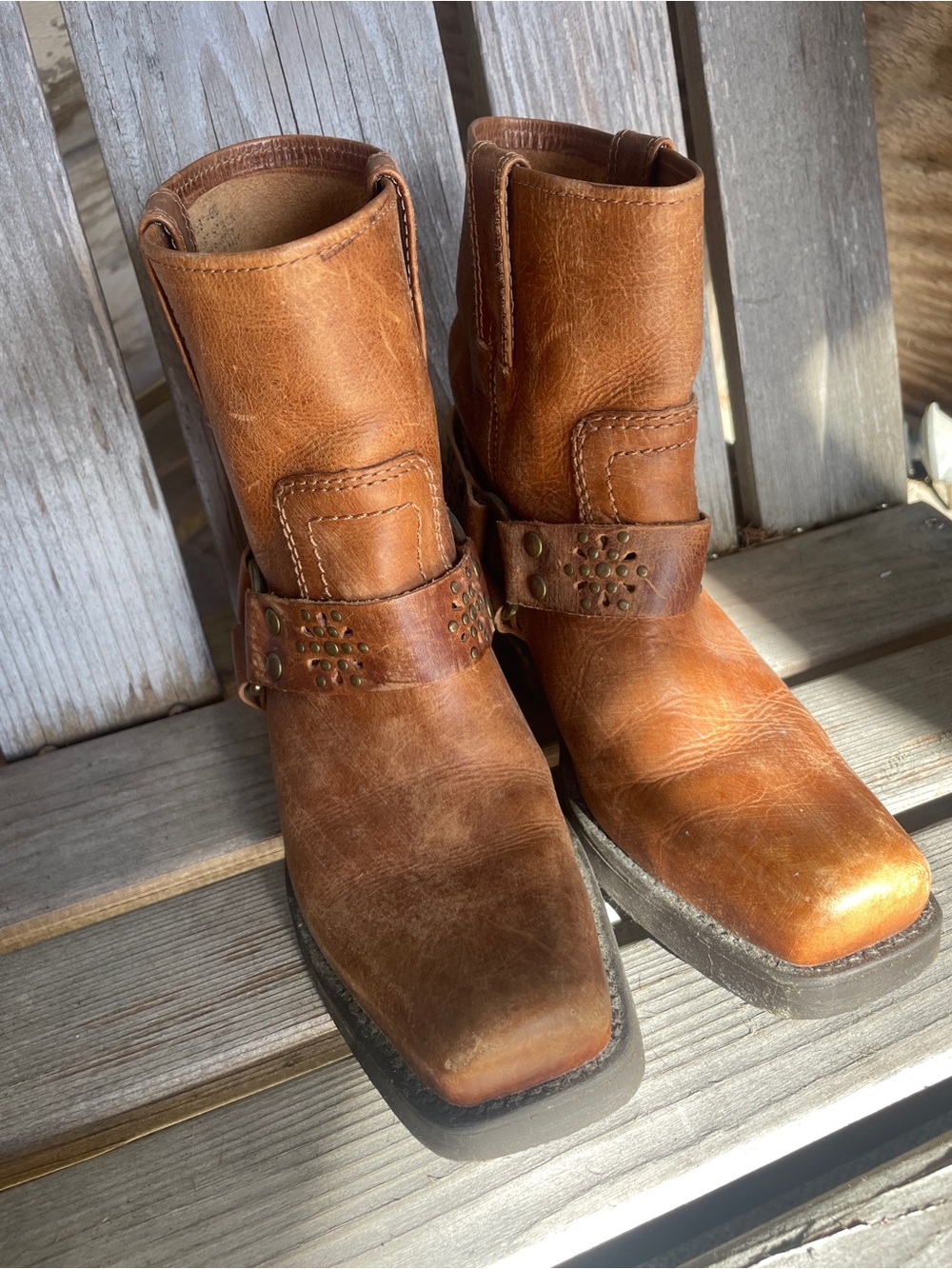 Brown leather ladies harness ankle boots